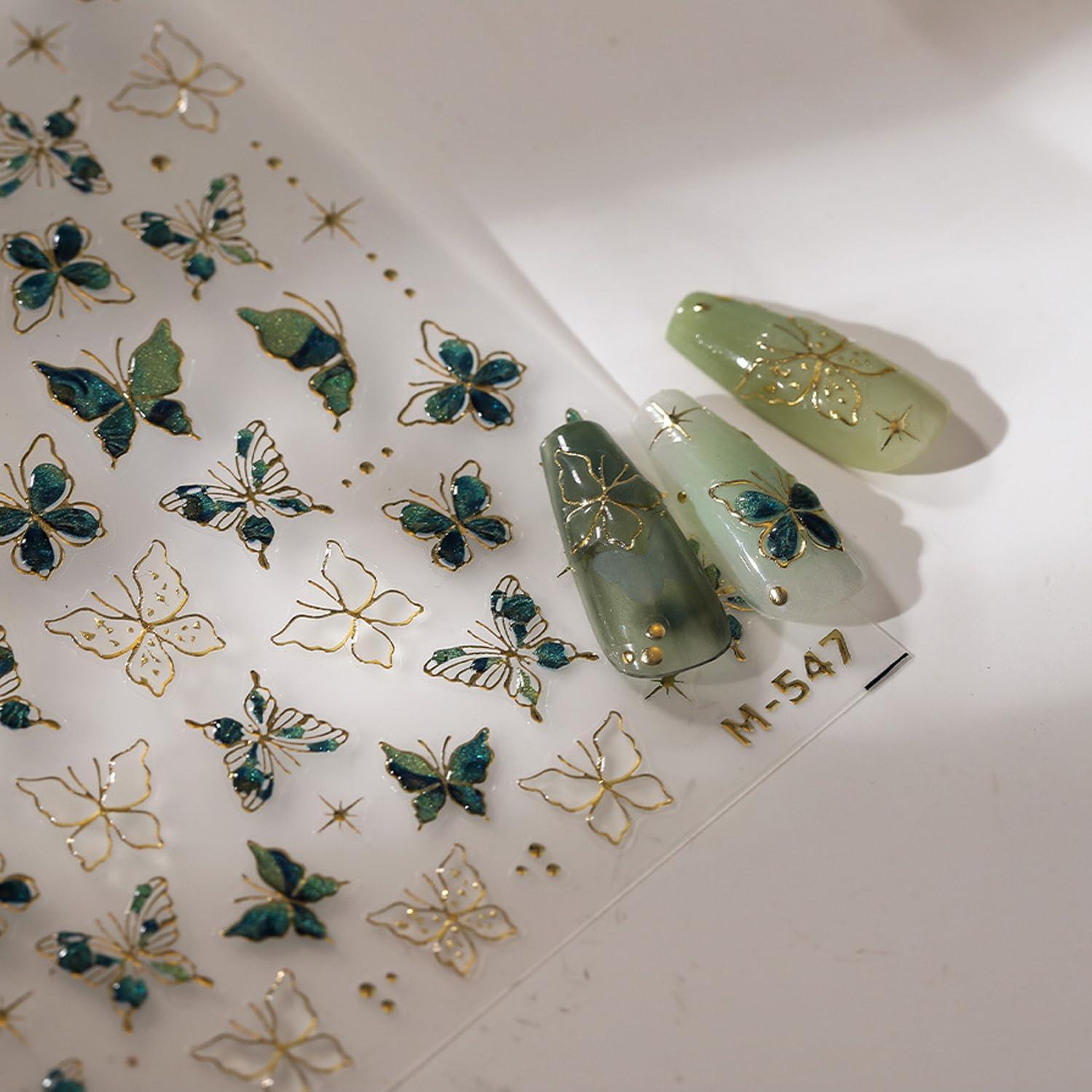 Calcomanías 5D de Uñas de Mariposa Verde y Doradas LYLYNB