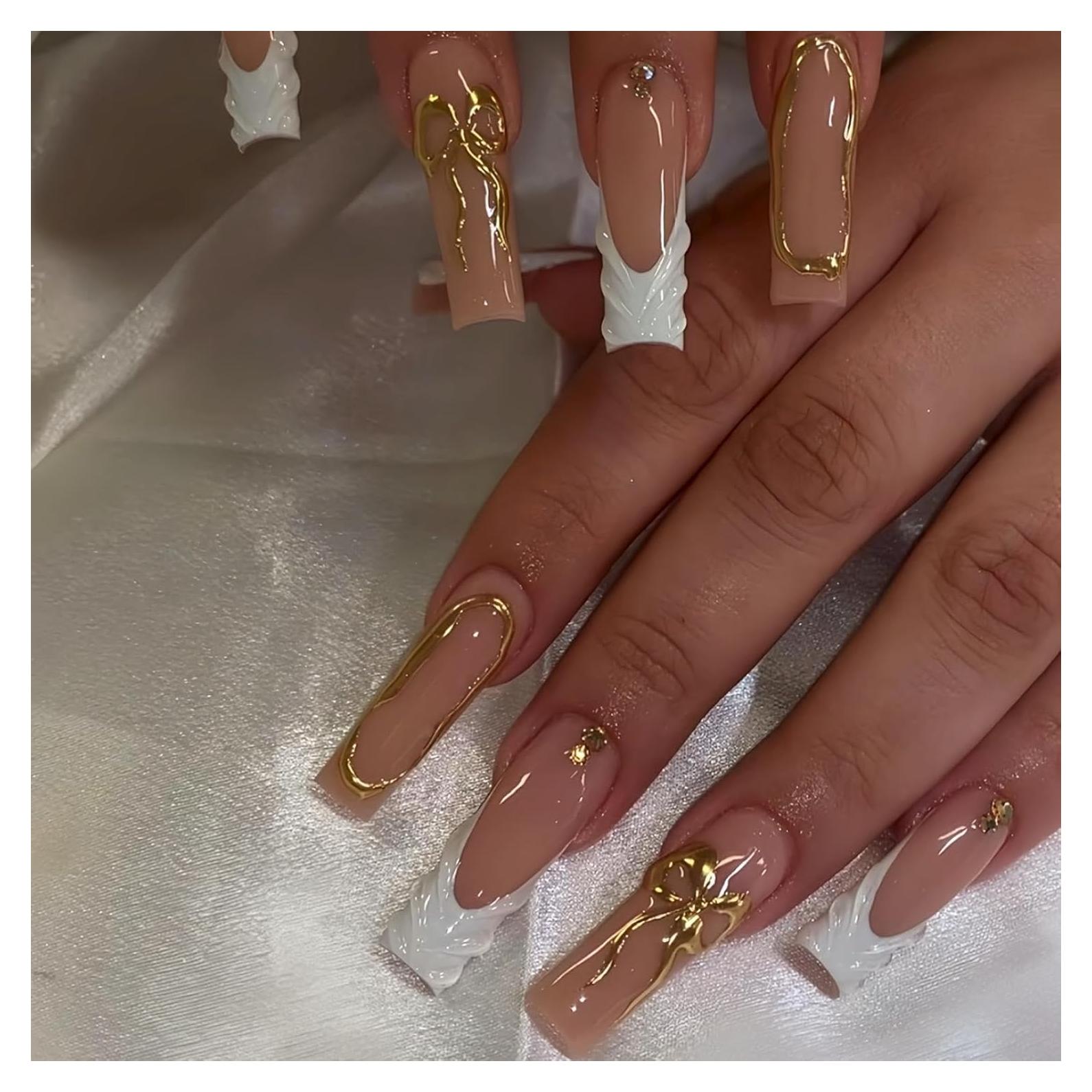 Uñas Postizas Largas Cuadradas BLGTGH con Puntas Francesas y Rhinestones 24Pcs