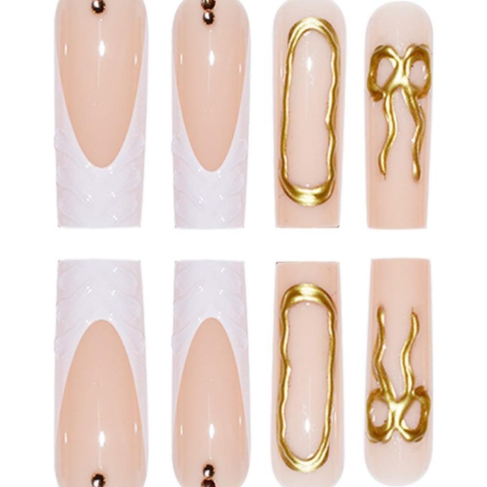 Uñas Postizas Largas Cuadradas BLGTGH con Puntas Francesas y Rhinestones 24Pcs