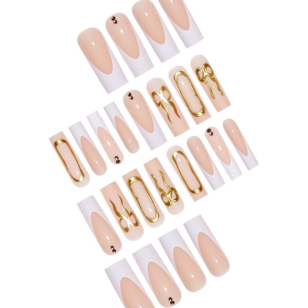 Uñas Postizas Largas Cuadradas BLGTGH con Puntas Francesas y Rhinestones 24Pcs