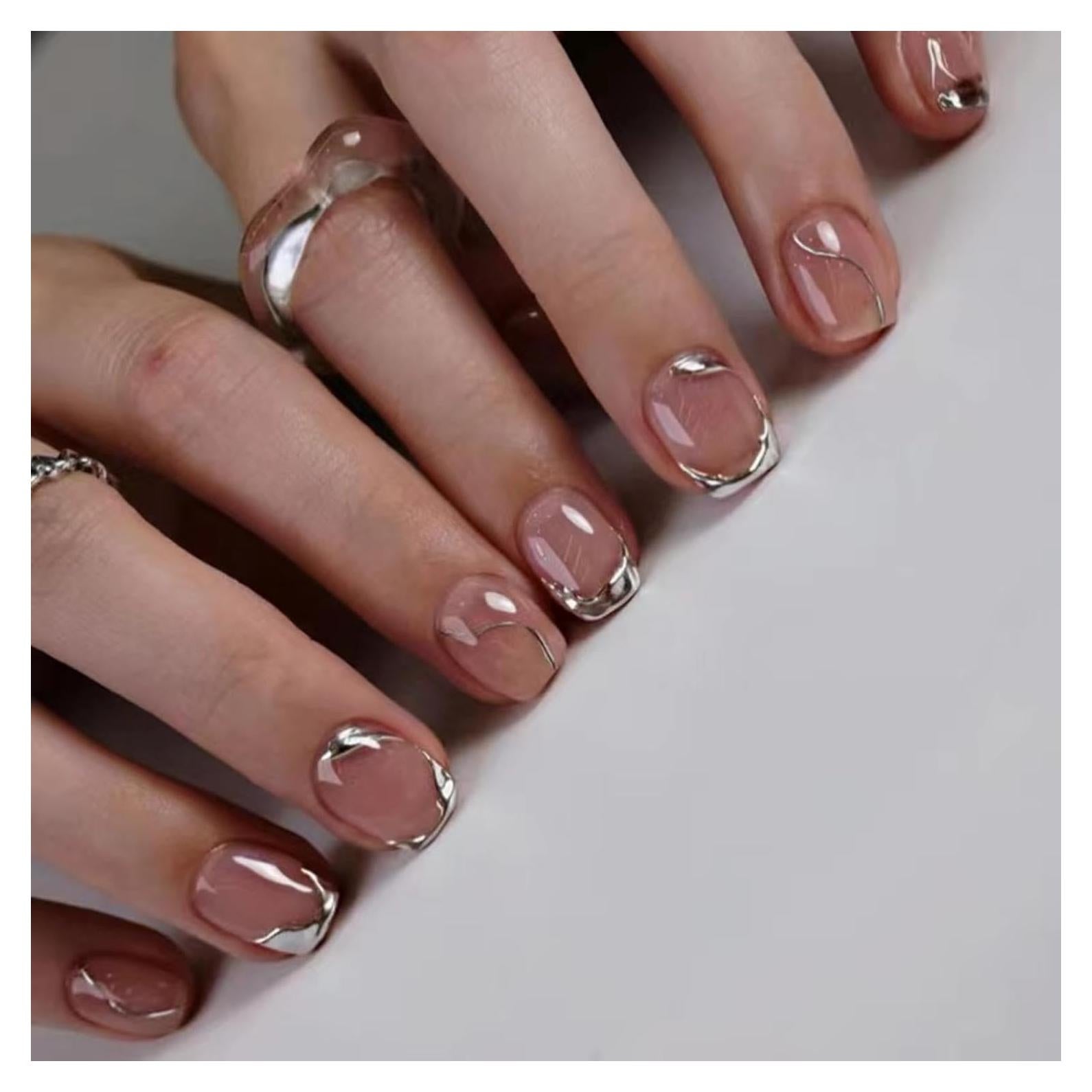 Uñas Postizas Cortas Cuadradas Francesas Plateadas 24Pcs