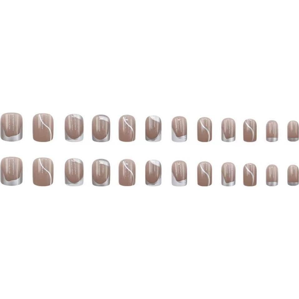 Uñas Postizas Cortas Cuadradas Francesas Plateadas 24Pcs