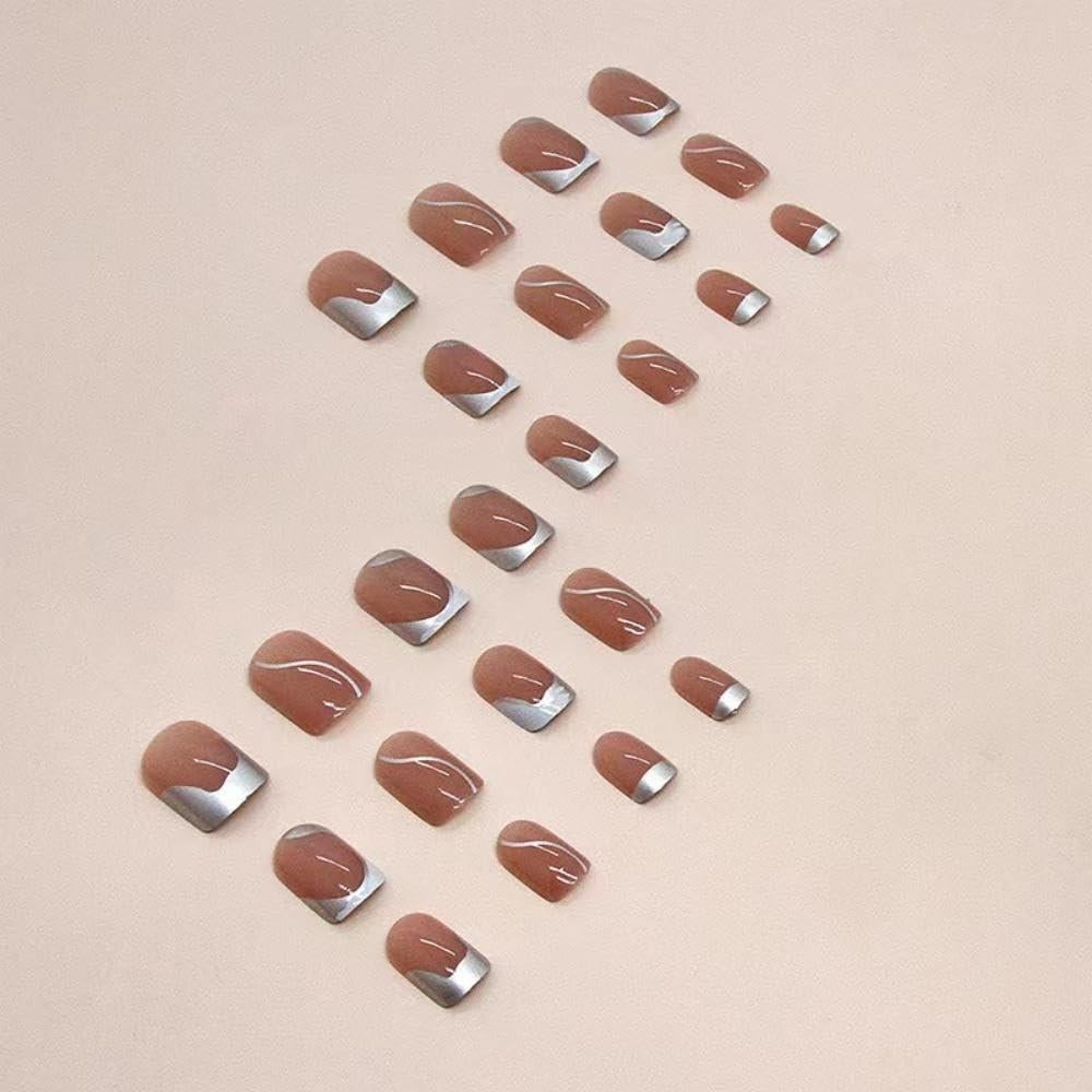 Uñas Postizas Cortas Cuadradas Francesas Plateadas 24Pcs