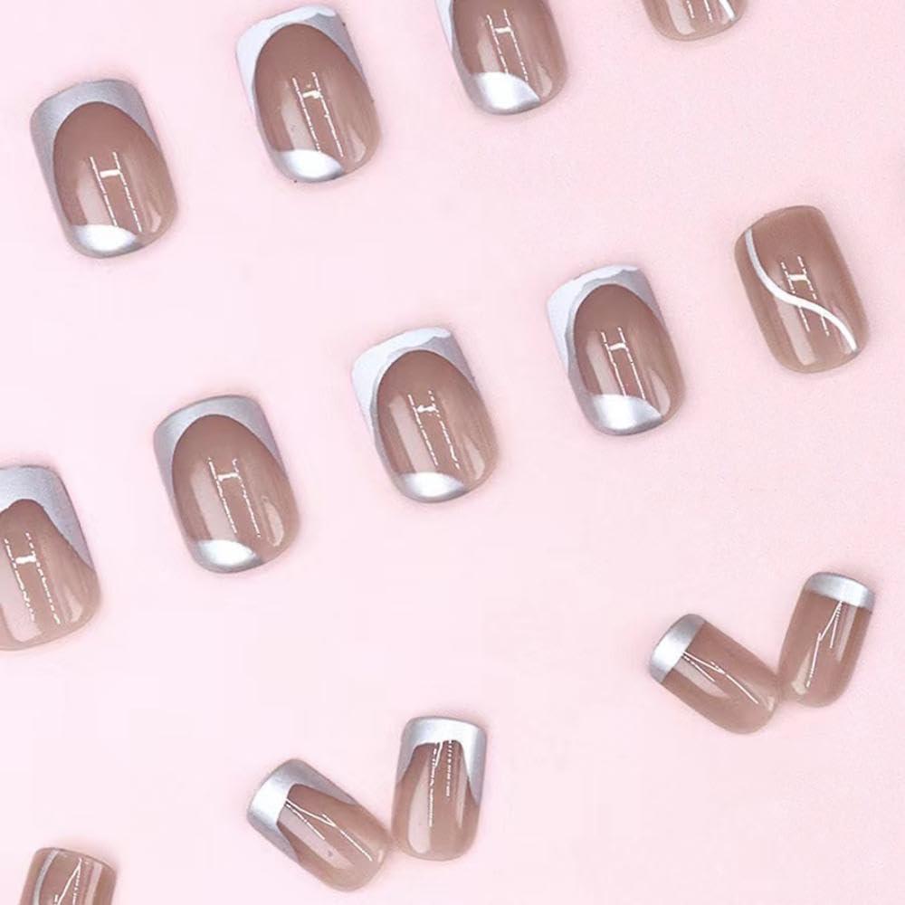 Uñas Postizas Cortas Cuadradas Francesas Plateadas 24Pcs