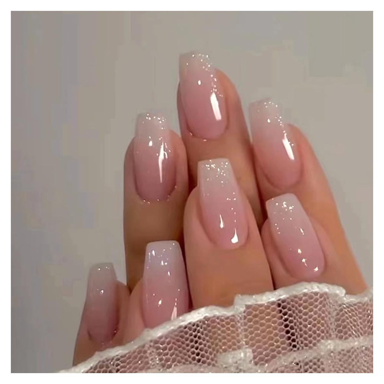 Uñas Postizas Medianas YEFIUO Coffin Rosadas Brillantes