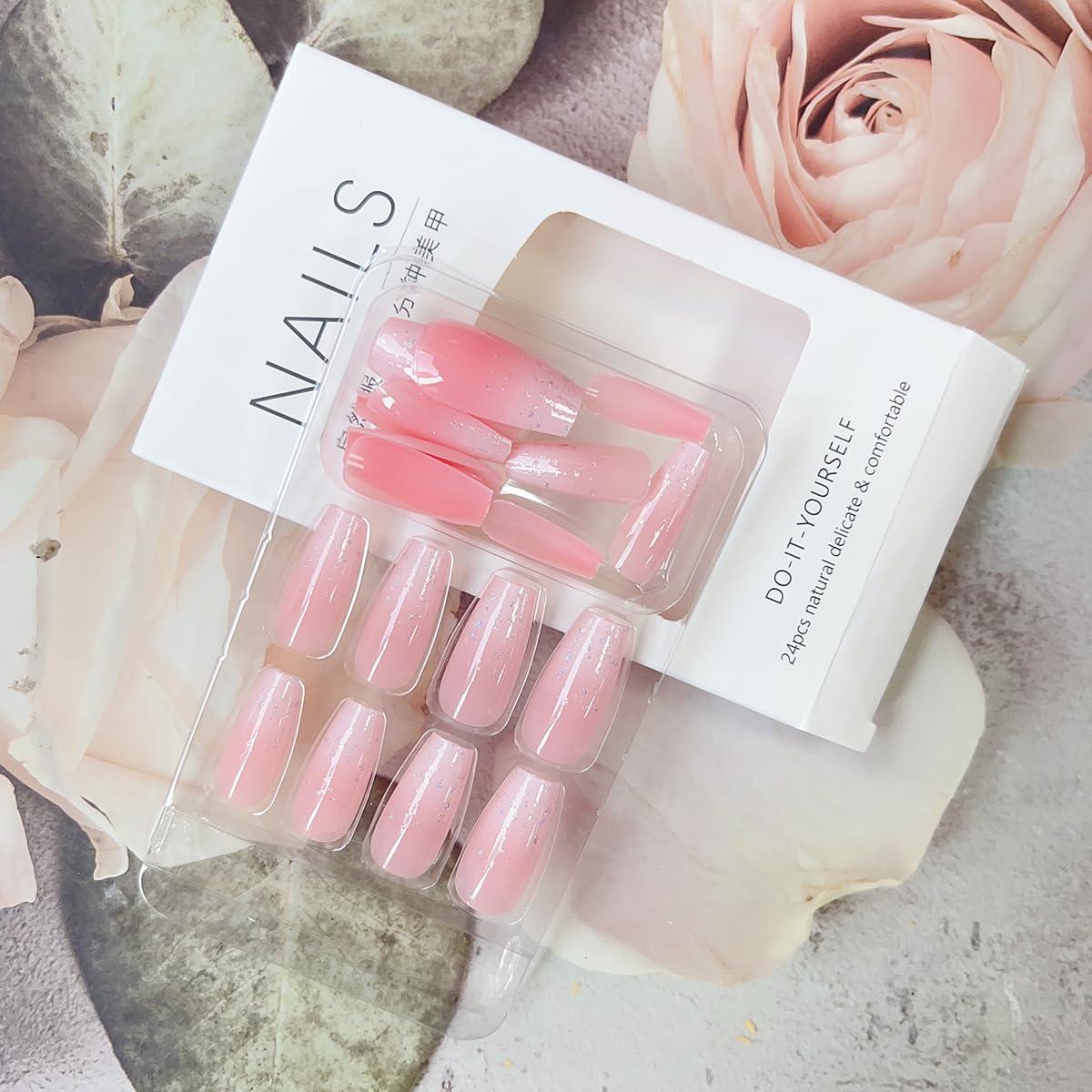 Uñas Postizas Medianas YEFIUO Coffin Rosadas Brillantes