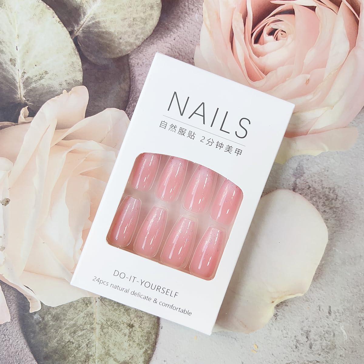 Uñas Postizas Medianas YEFIUO Coffin Rosadas Brillantes