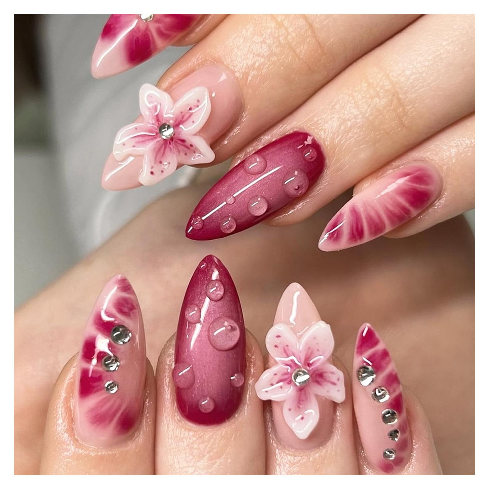 Uñas Postizas Almendra LRKNNO 24pcs con Flores 3D