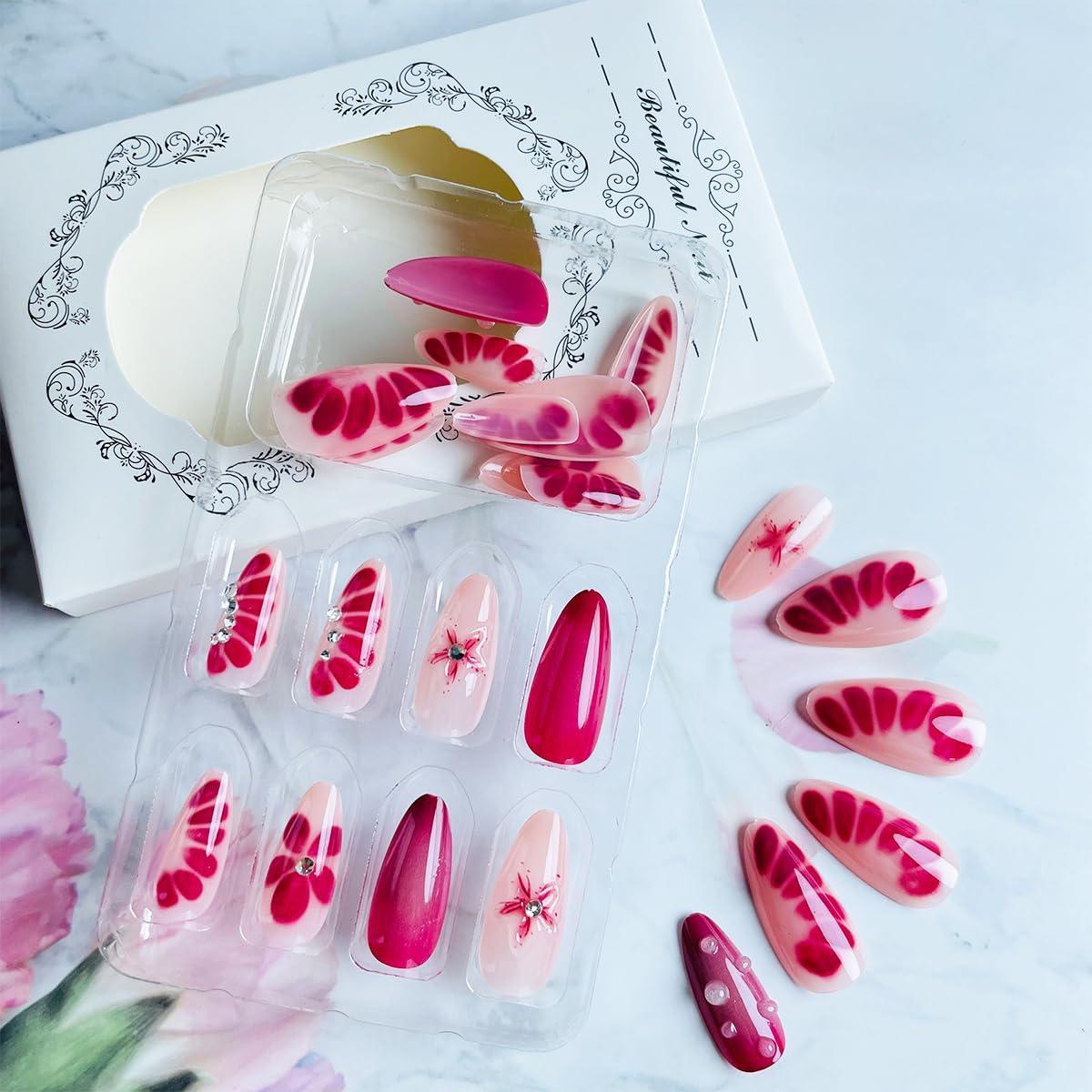 Uñas Postizas Almendra LRKNNO 24pcs con Flores 3D