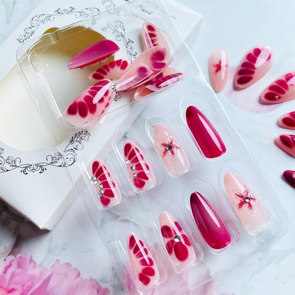 Uñas Postizas Almendra LRKNNO 24pcs con Flores 3D