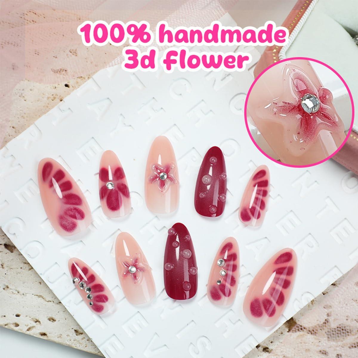Uñas Postizas Almendra LRKNNO 24pcs con Flores 3D