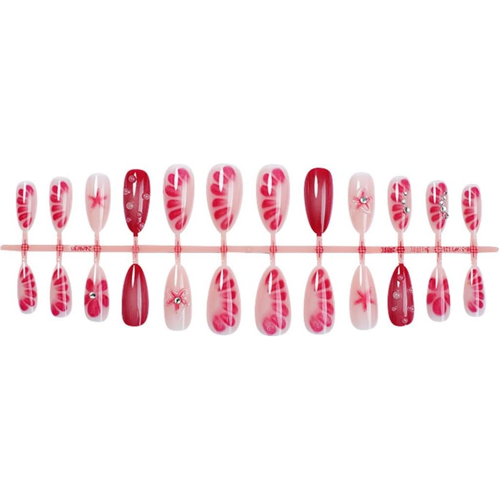 Uñas Postizas Almendra LRKNNO 24pcs con Flores 3D