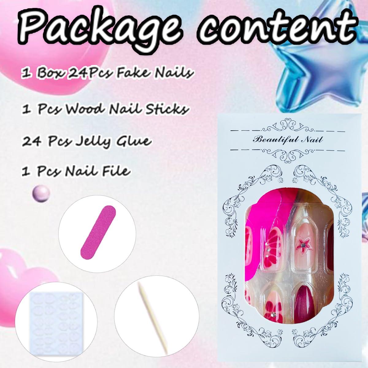 Uñas Postizas Almendra LRKNNO 24pcs con Flores 3D