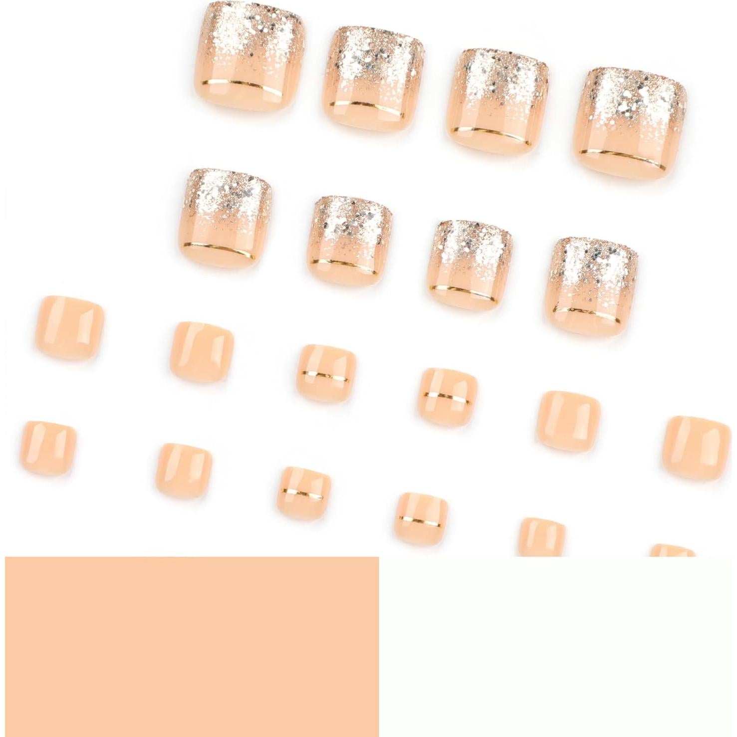 Uñas Postizas para Pies Maigitur con Purpurina Dorada