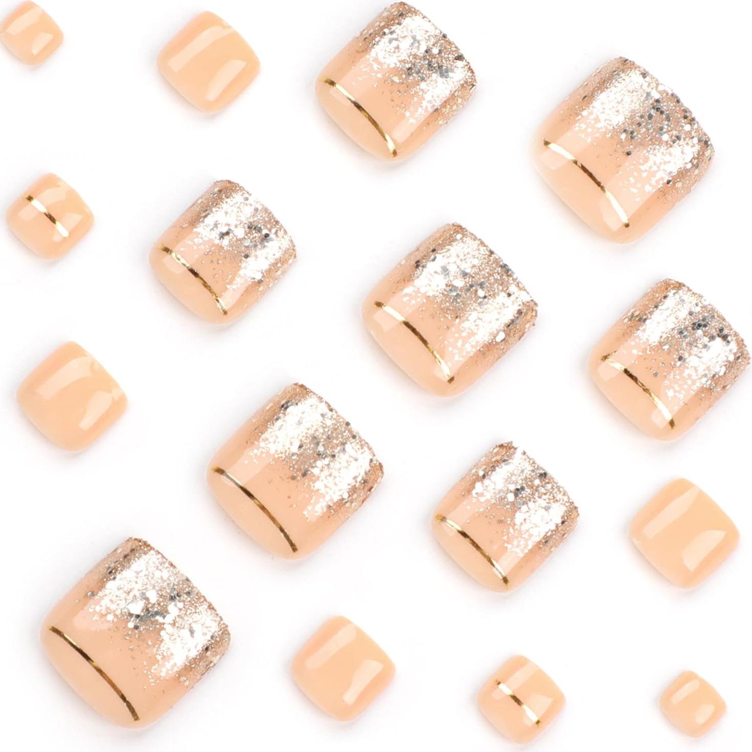 Uñas Postizas para Pies Maigitur con Purpurina Dorada