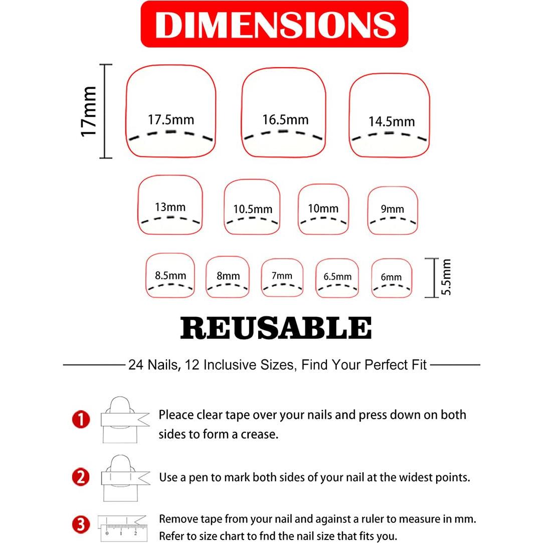 Uñas Falsas Cortas Cuadradas ZWENJIE 24 Pcs Acrílicas 3D