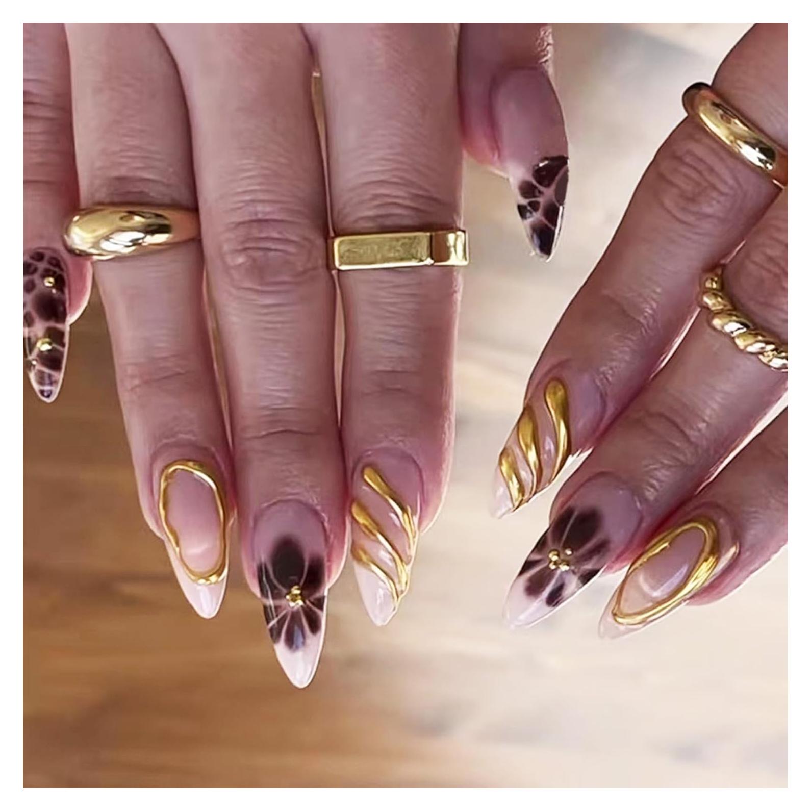 Uñas Postizas 3D Gold Curve Line AROVFAM 24 Pcs Almendras