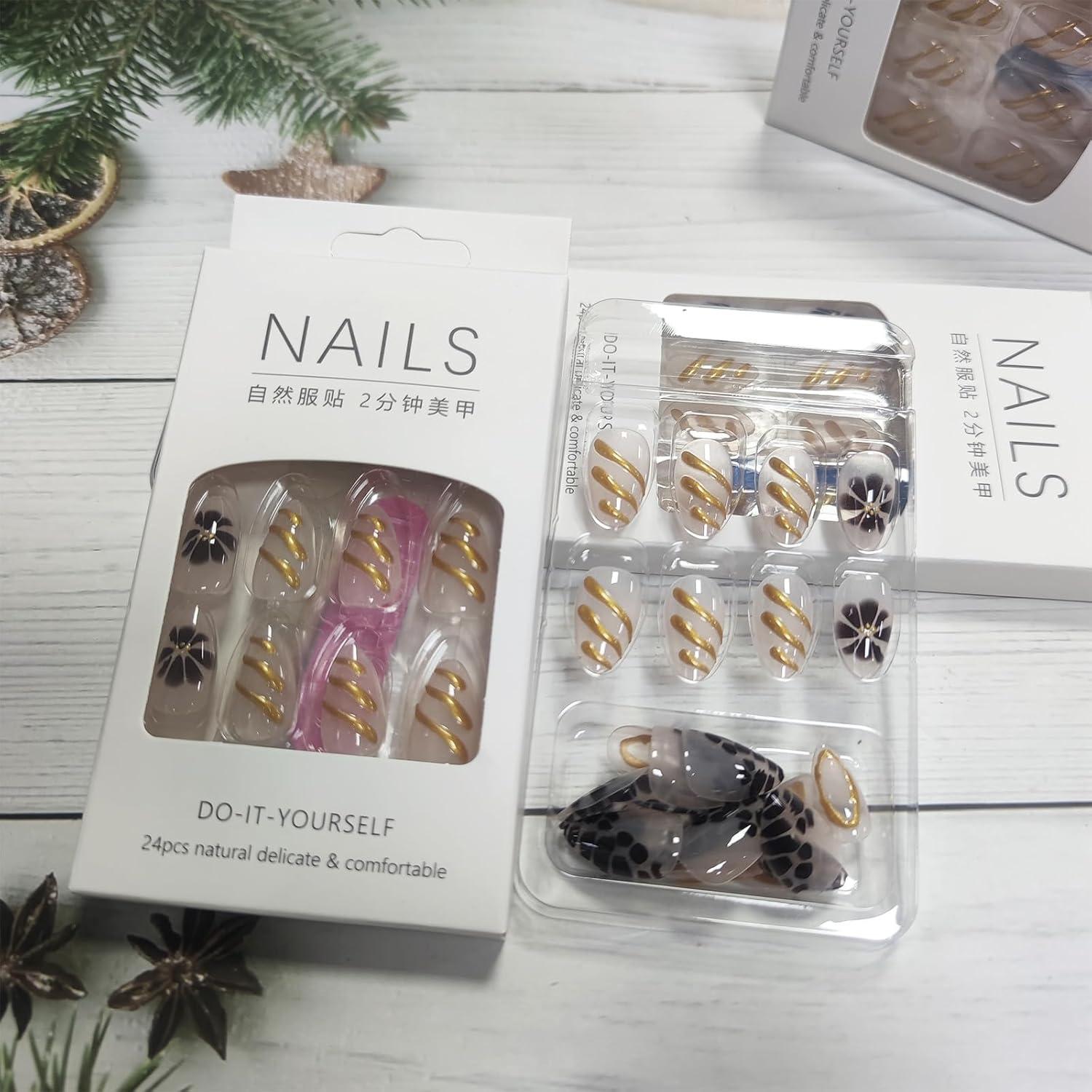 Uñas Postizas 3D Gold Curve Line AROVFAM 24 Pcs Almendras