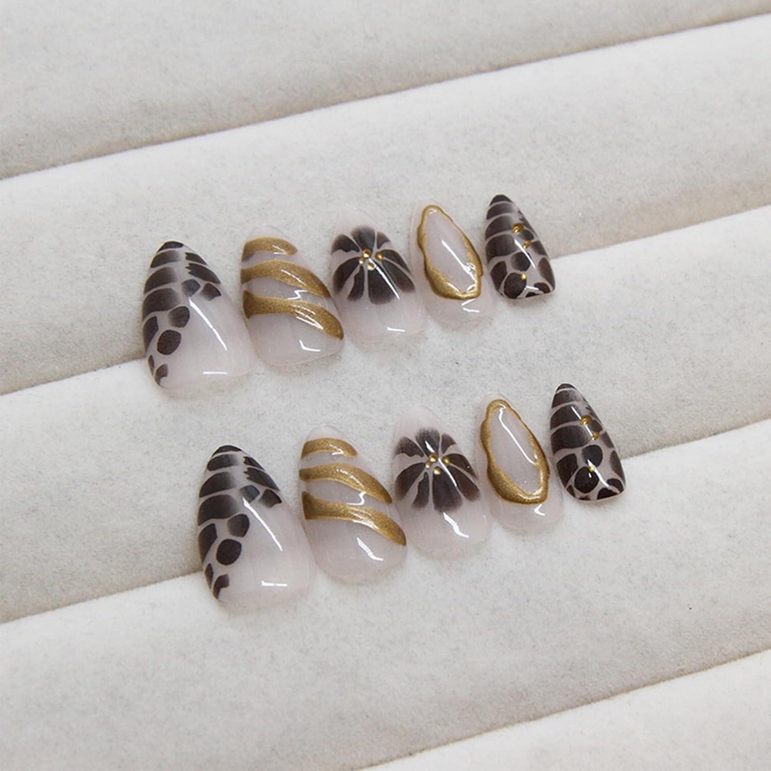 Uñas Postizas 3D Gold Curve Line AROVFAM 24 Pcs Almendras