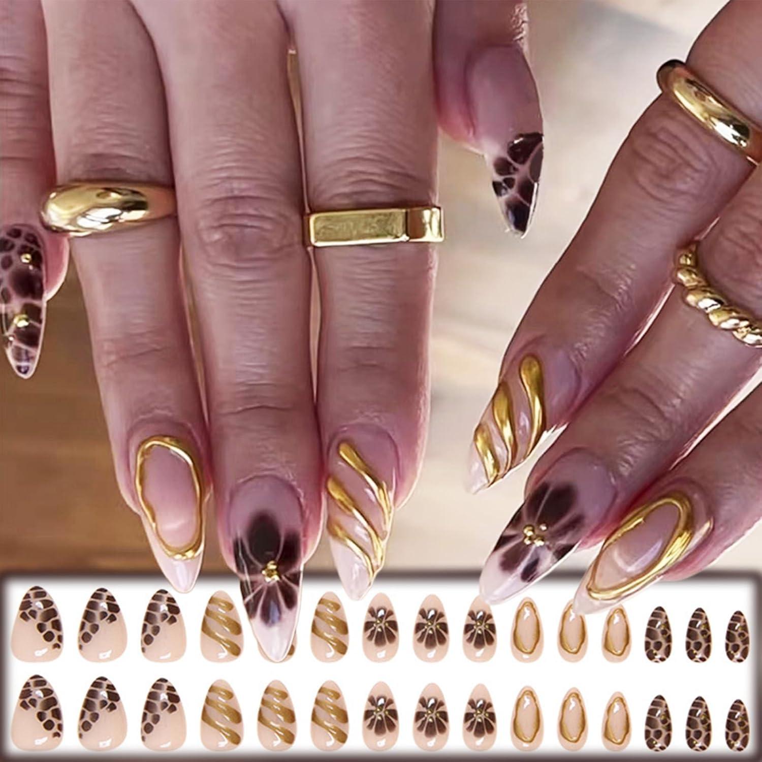 Uñas Postizas 3D Gold Curve Line AROVFAM 24 Pcs Almendras