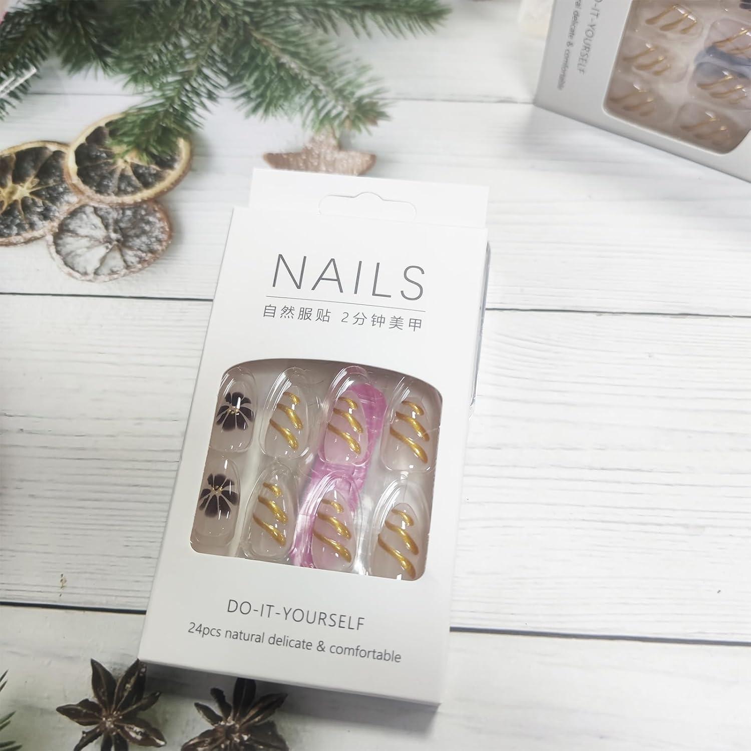 Uñas Postizas 3D Gold Curve Line AROVFAM 24 Pcs Almendras