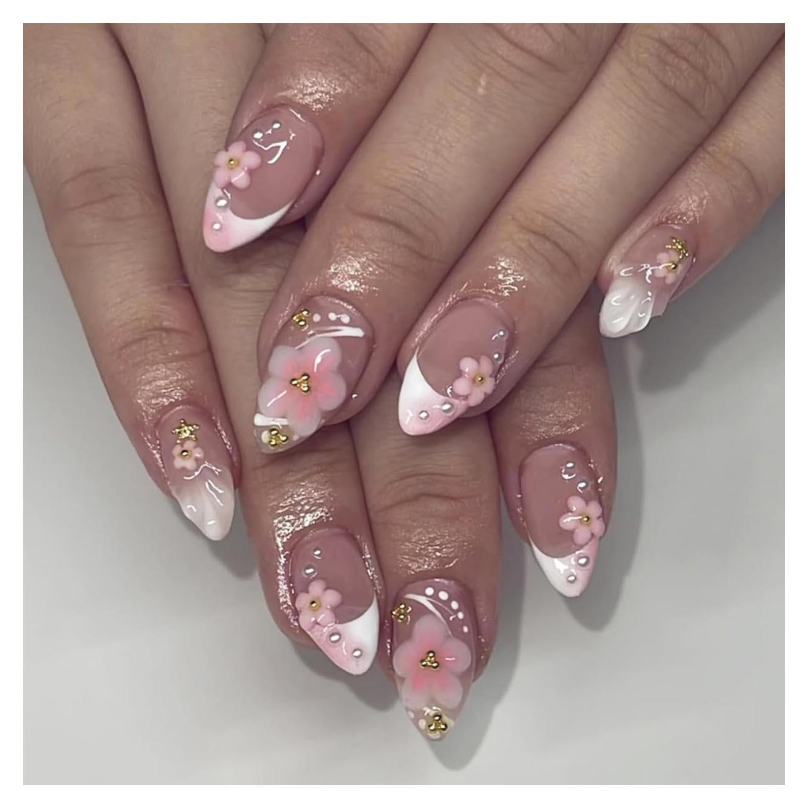 Kit 24 Uñas Postizas Almendra NEWSPIED con Diseño Floral