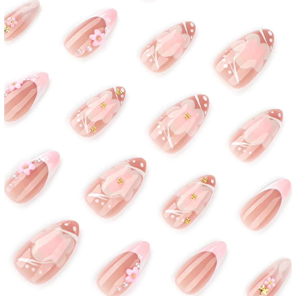 Kit 24 Uñas Postizas Almendra NEWSPIED con Diseño Floral