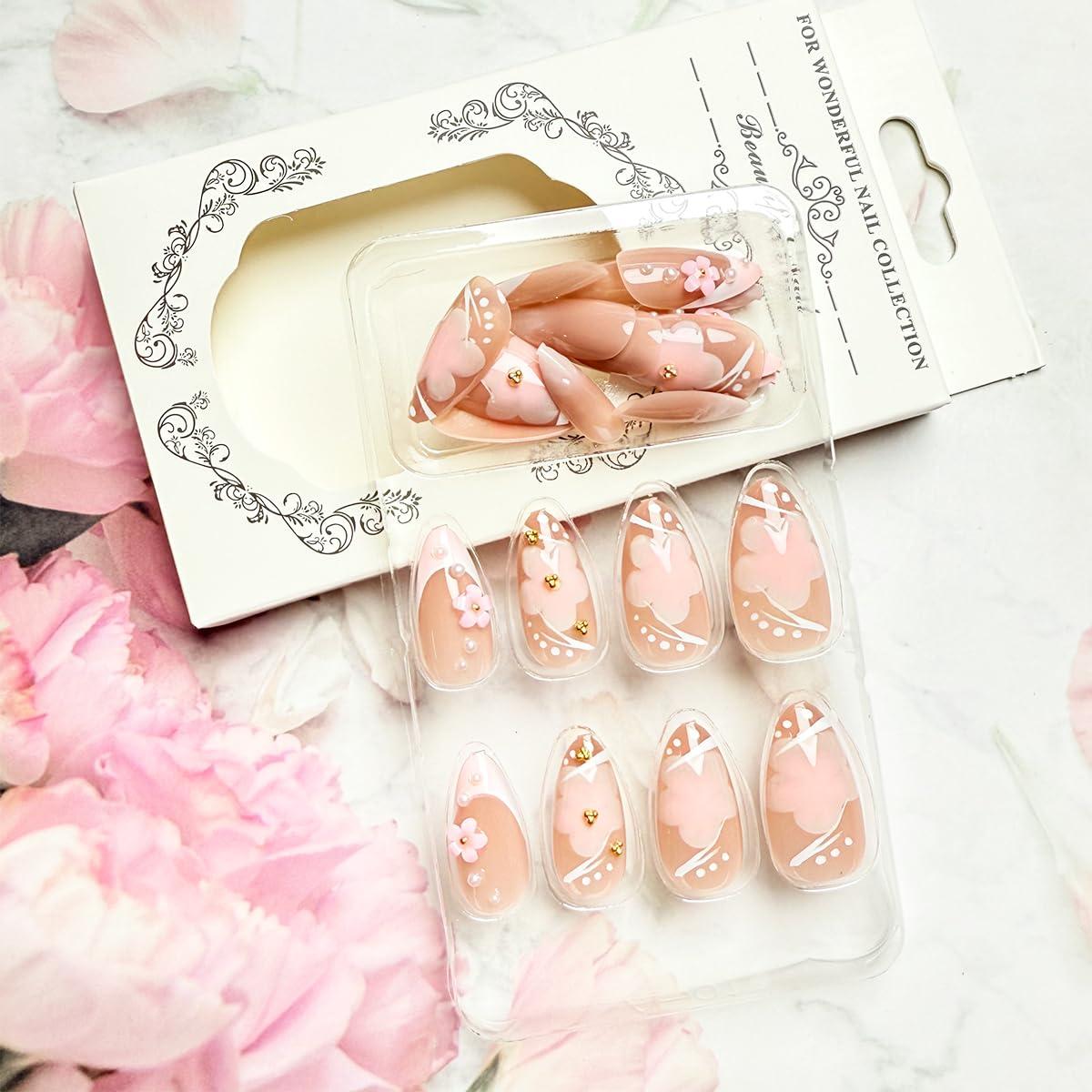 Kit 24 Uñas Postizas Almendra NEWSPIED con Diseño Floral