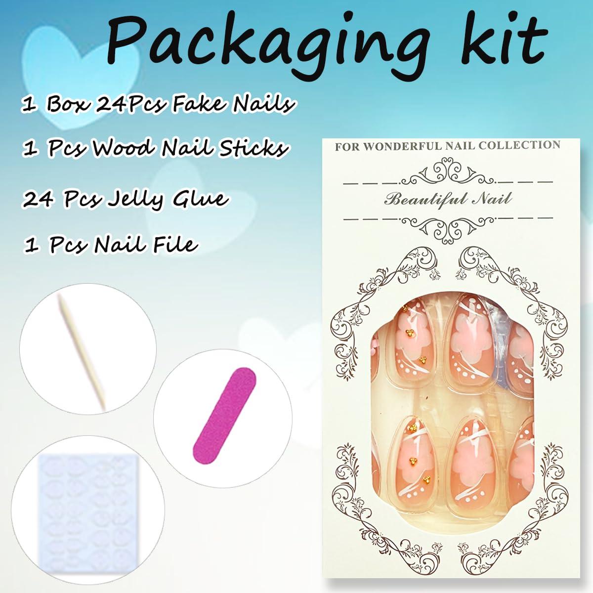 Kit 24 Uñas Postizas Almendra NEWSPIED con Diseño Floral