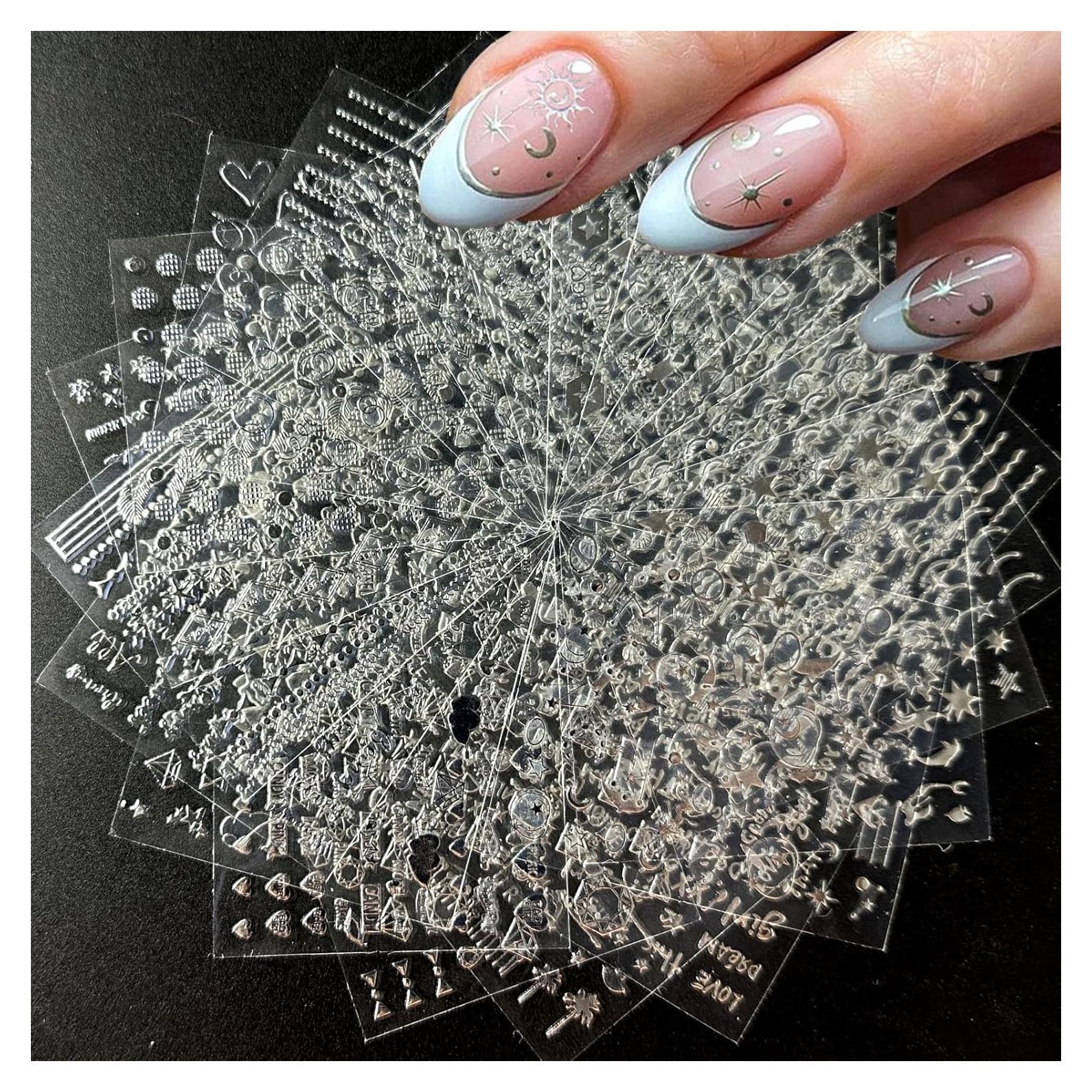 30 Sheets Silver Nail Art Stickers 3D Self-Adhesive Line Nail Decals Silver Star Nail Stickers Moon Heart Nail Supplies Nail Art Design for DIY Acrylic Nails Decoration Accessories for Women