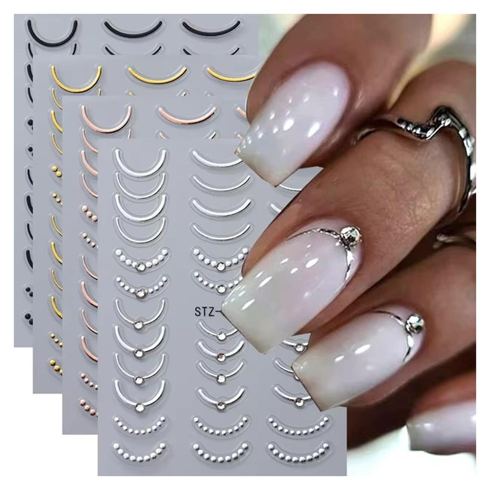 Calcomanías de Uñas KZBTRBT 3D Punta Francesa Dorado 4 Hojas