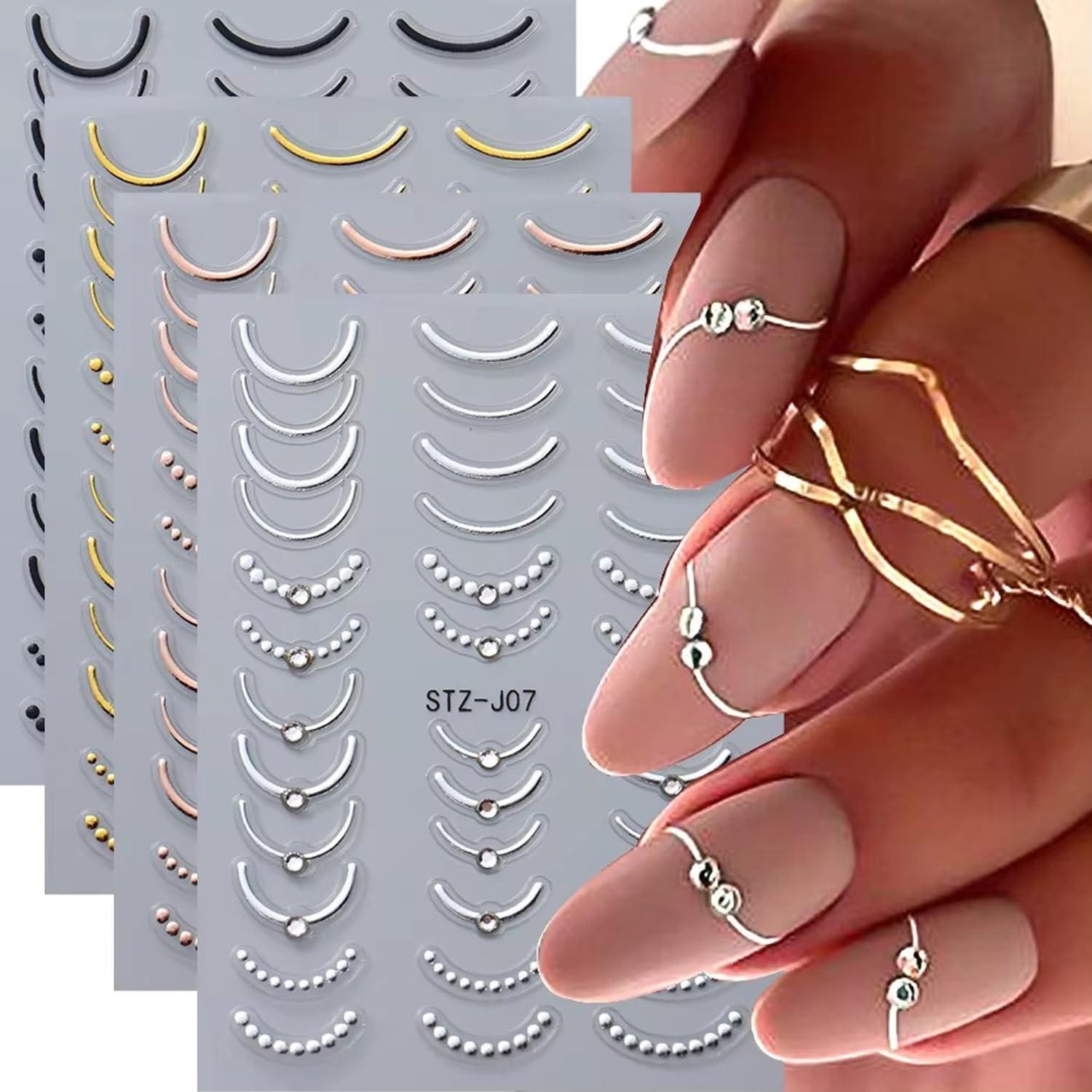 Calcomanías de Uñas KZBTRBT 3D Punta Francesa Dorado 4 Hojas