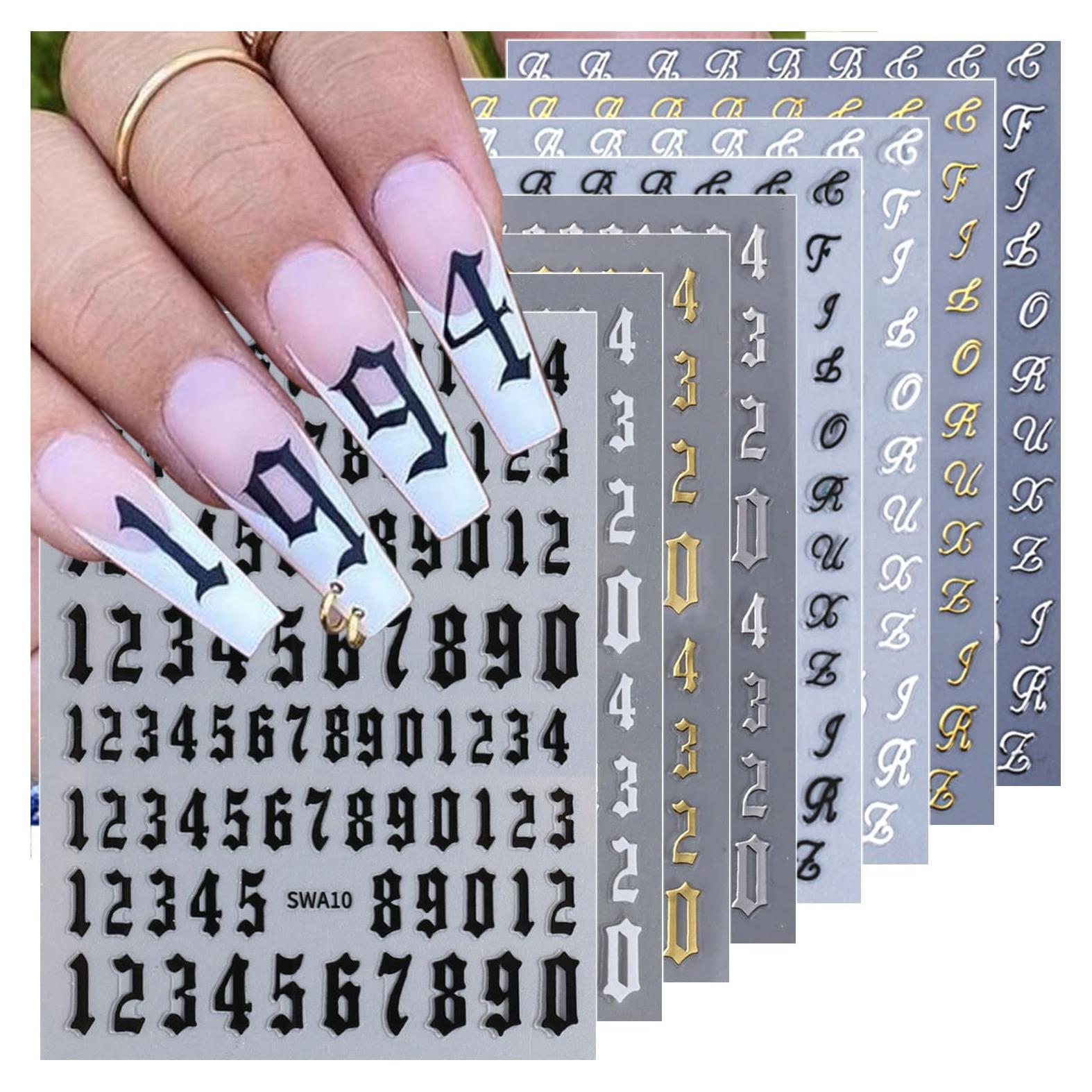 8 Hojas Stickers de Uñas Letras y Números NZRAESTRS
