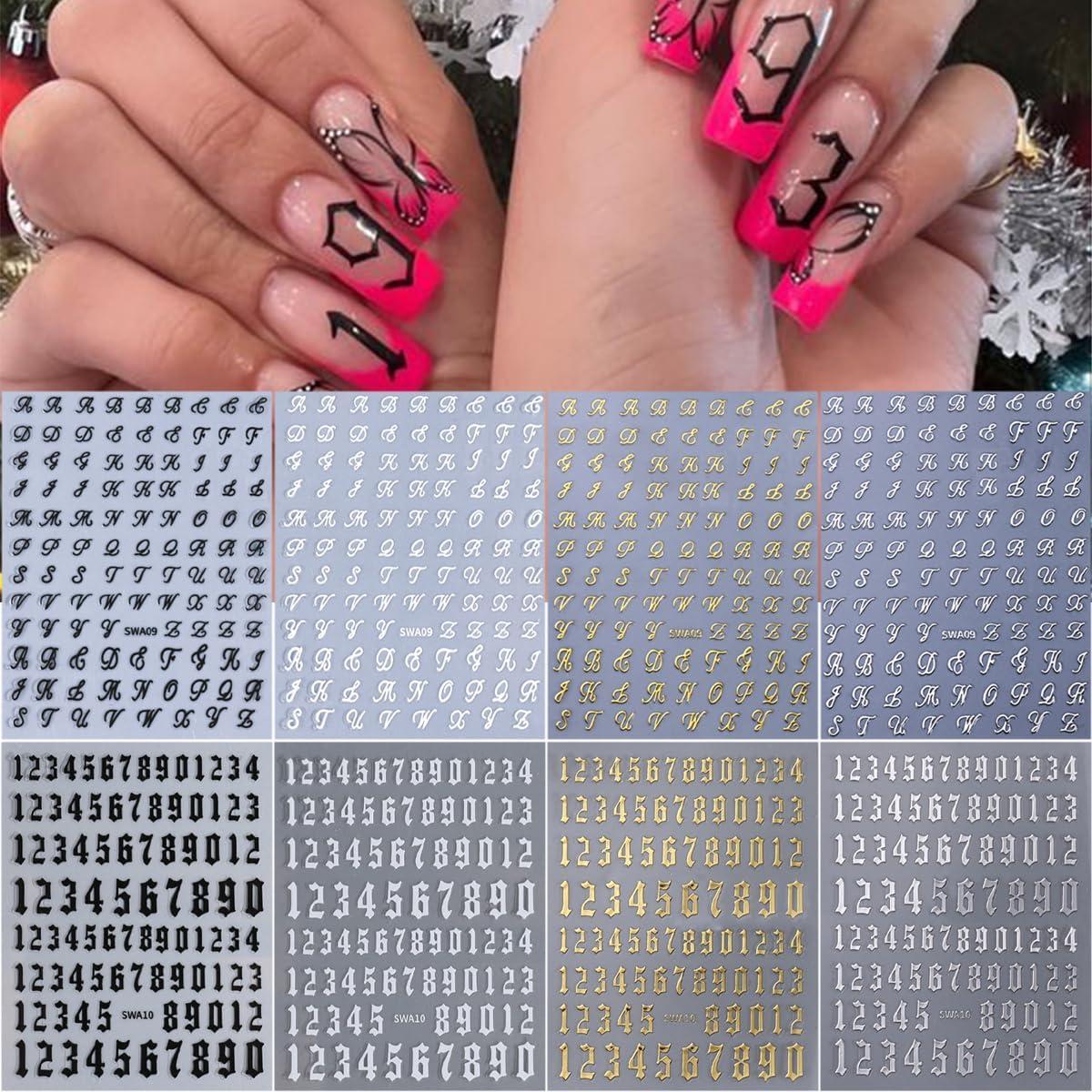 8 Hojas Stickers de Uñas Letras y Números NZRAESTRS