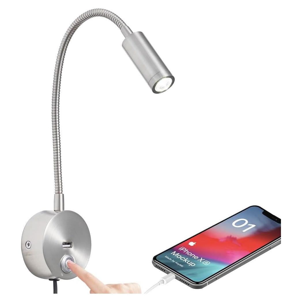 Luz de Lectura de Pared LED WisHomee Regulable con USB