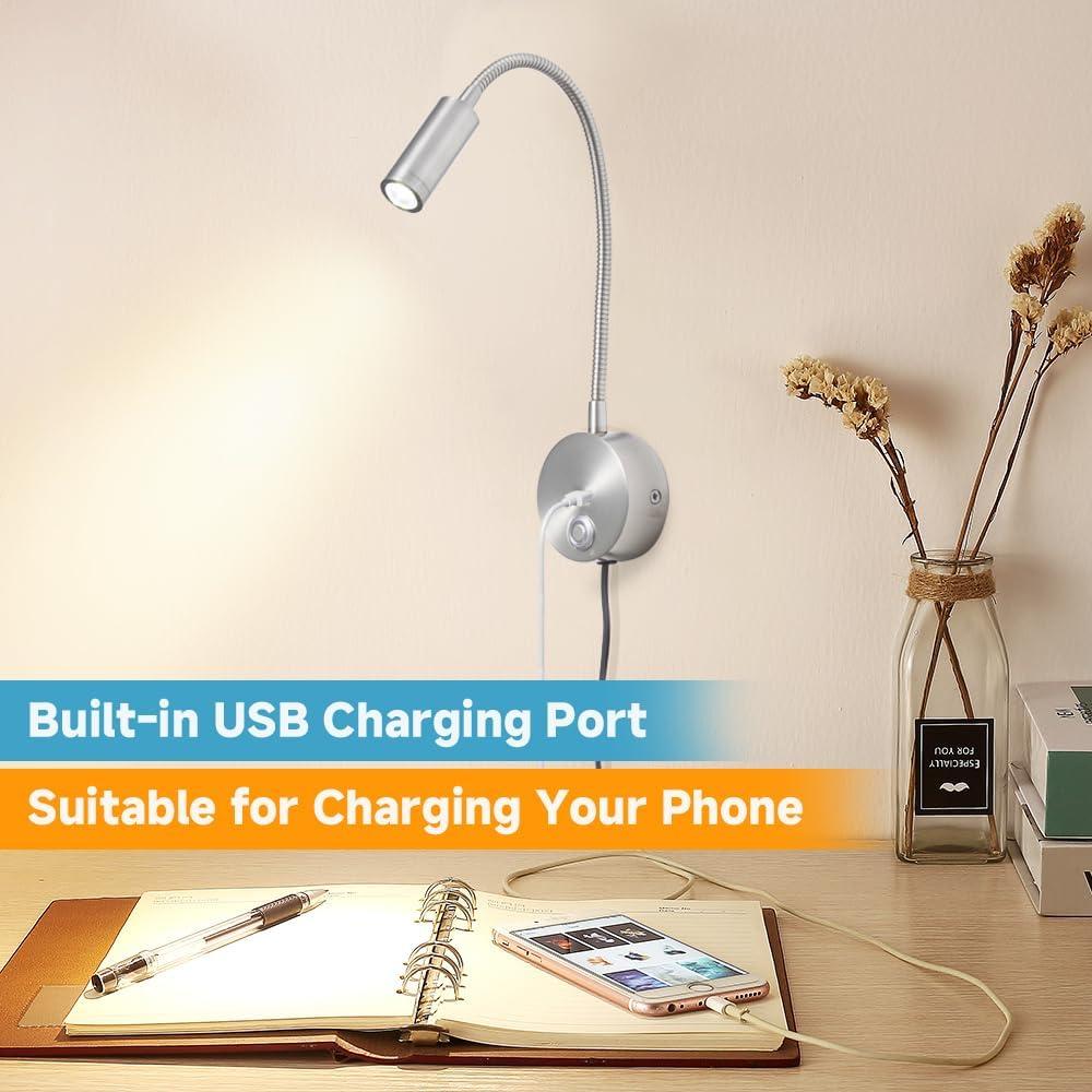 Luz de Lectura de Pared LED WisHomee Regulable con USB