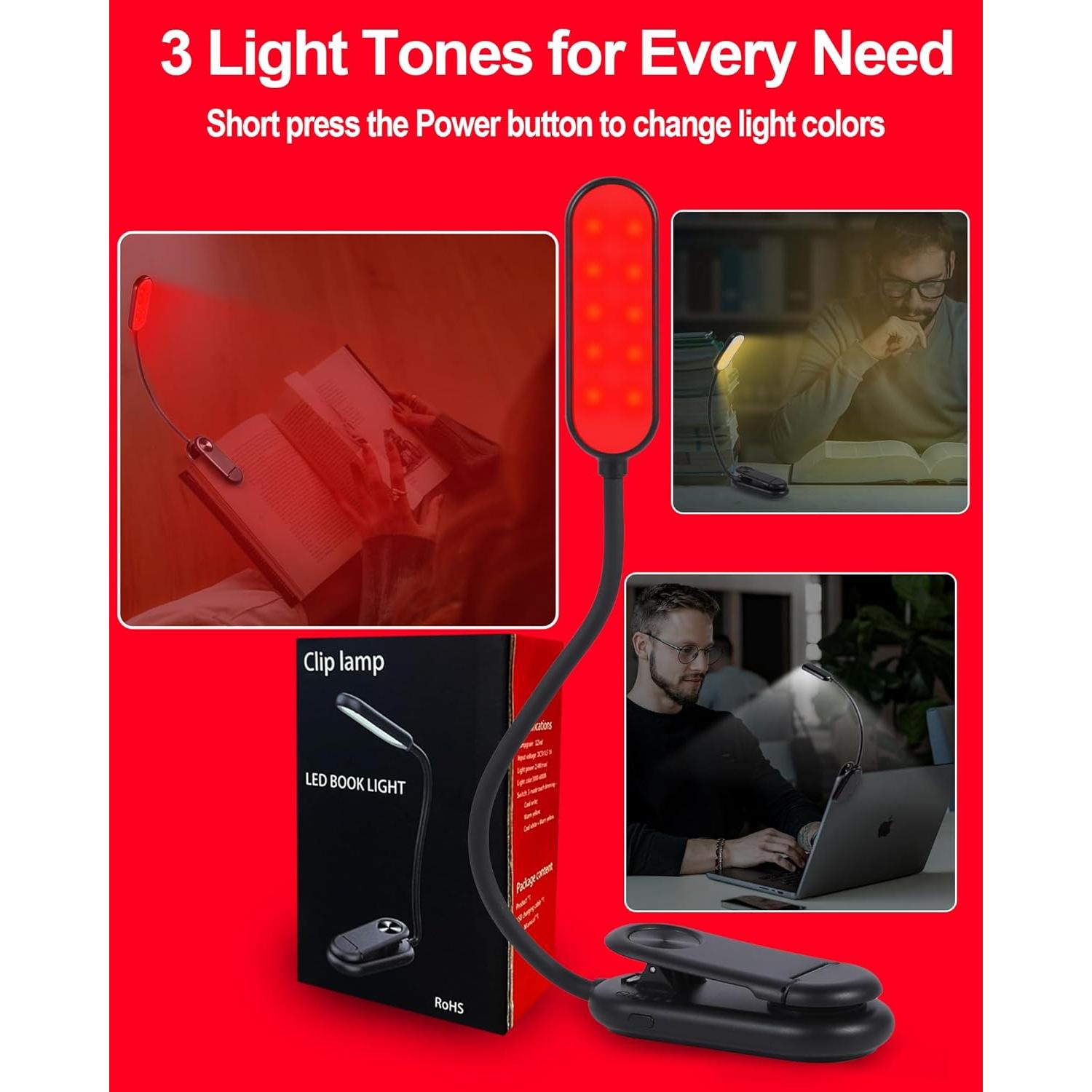 Luz de Lectura Roja Finezeal Recargable Clip-On 3 Modos