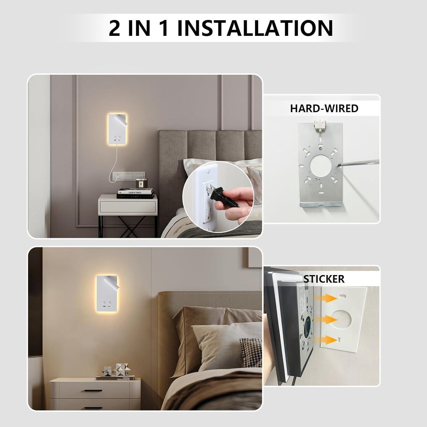 Luz de Lectura de Pared Regulable MOLUOLA con USB 2 Paquetes