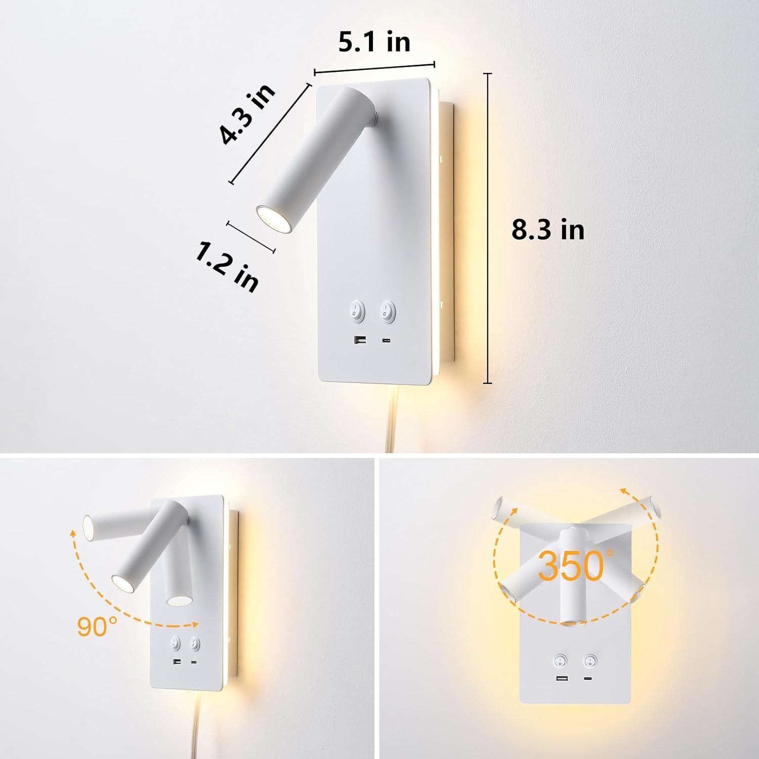 Luz de Lectura de Pared Regulable MOLUOLA con USB 2 Paquetes