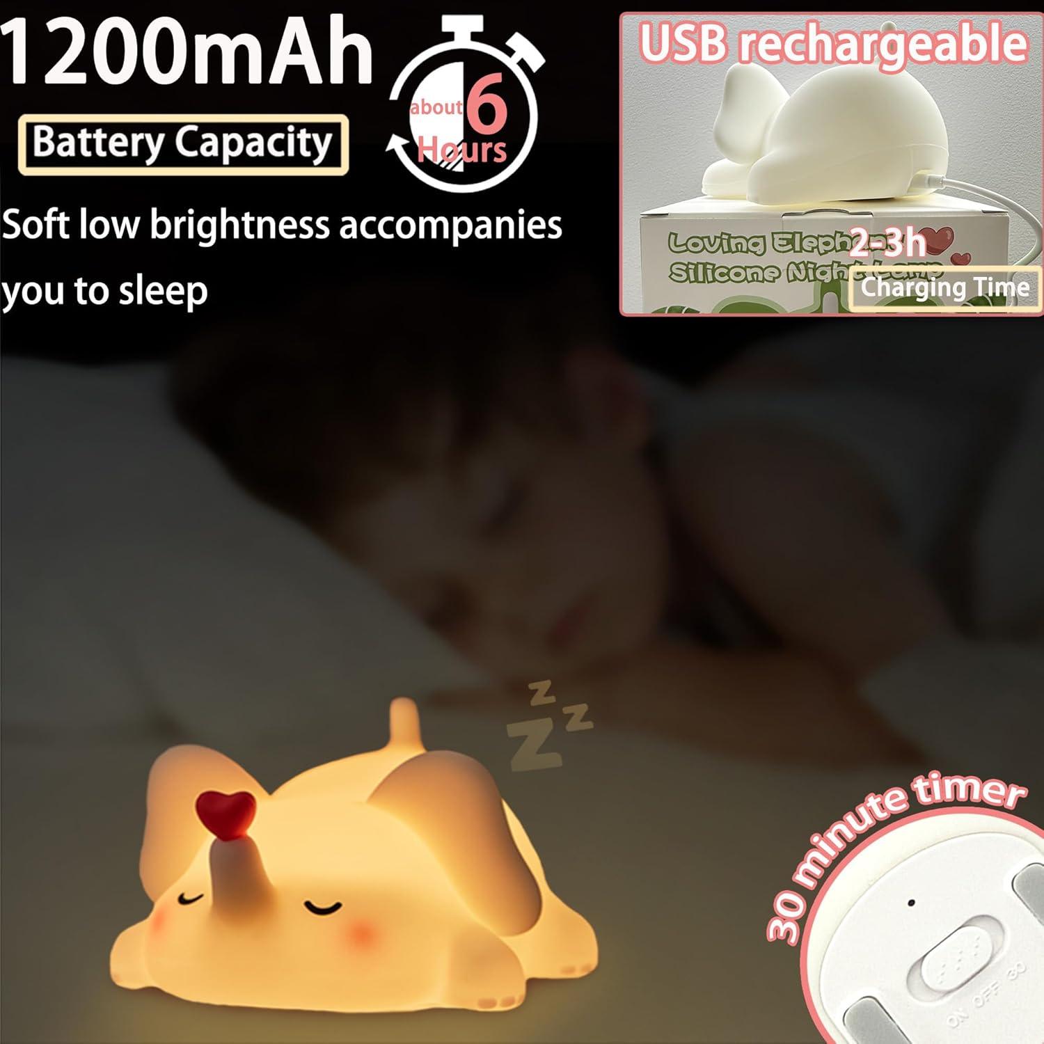 Luz Nocturna Elefante Silicona Regulable Recargable 3 Brillos