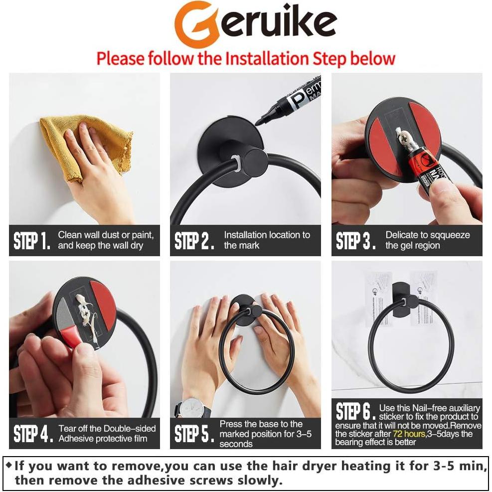 Anillo de Toalla Autoadhesivo GERUIKE Acero Inoxidable Negro