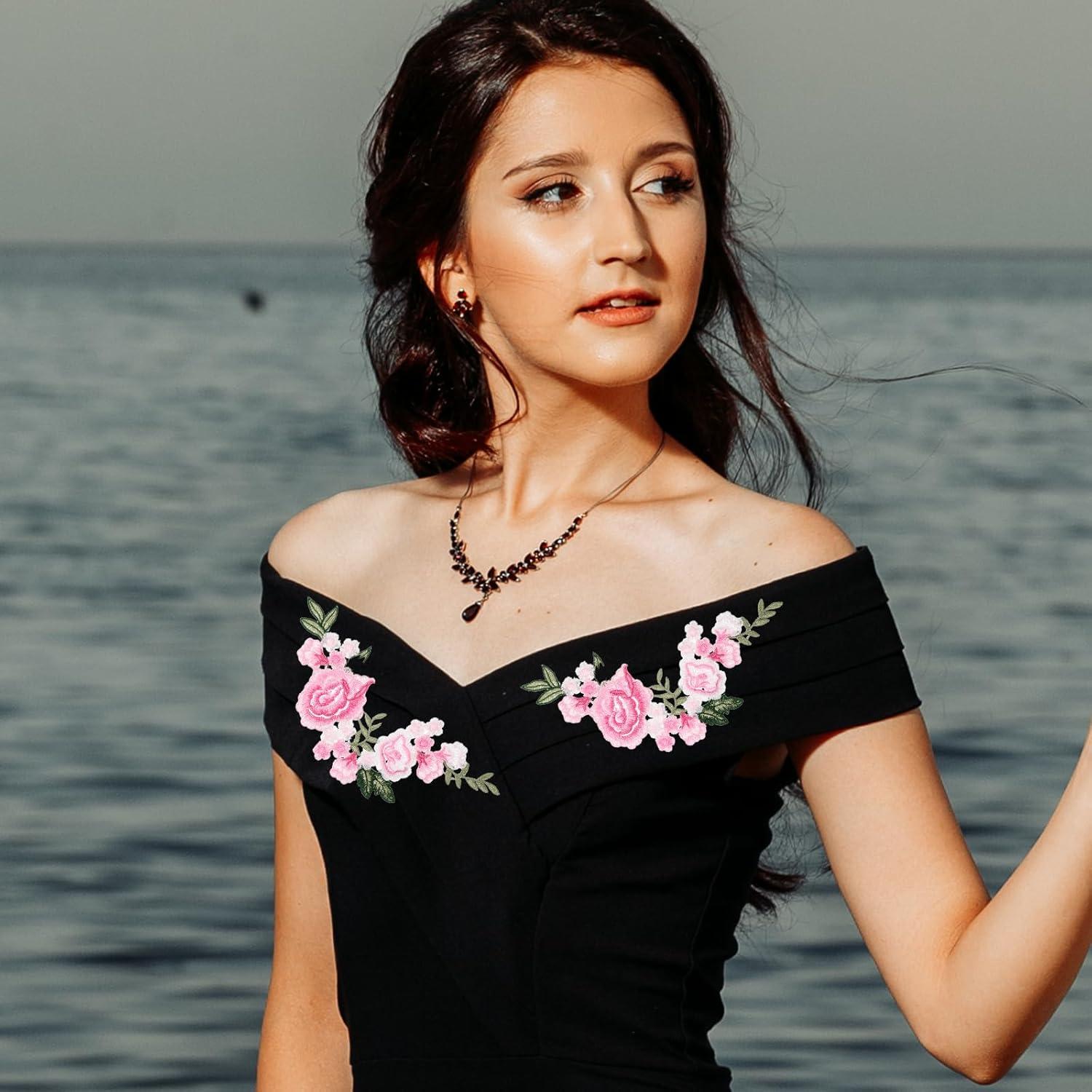 6 Piezas Parche Bordado Flor Peonía Rosa Eldraqth 26x12cm