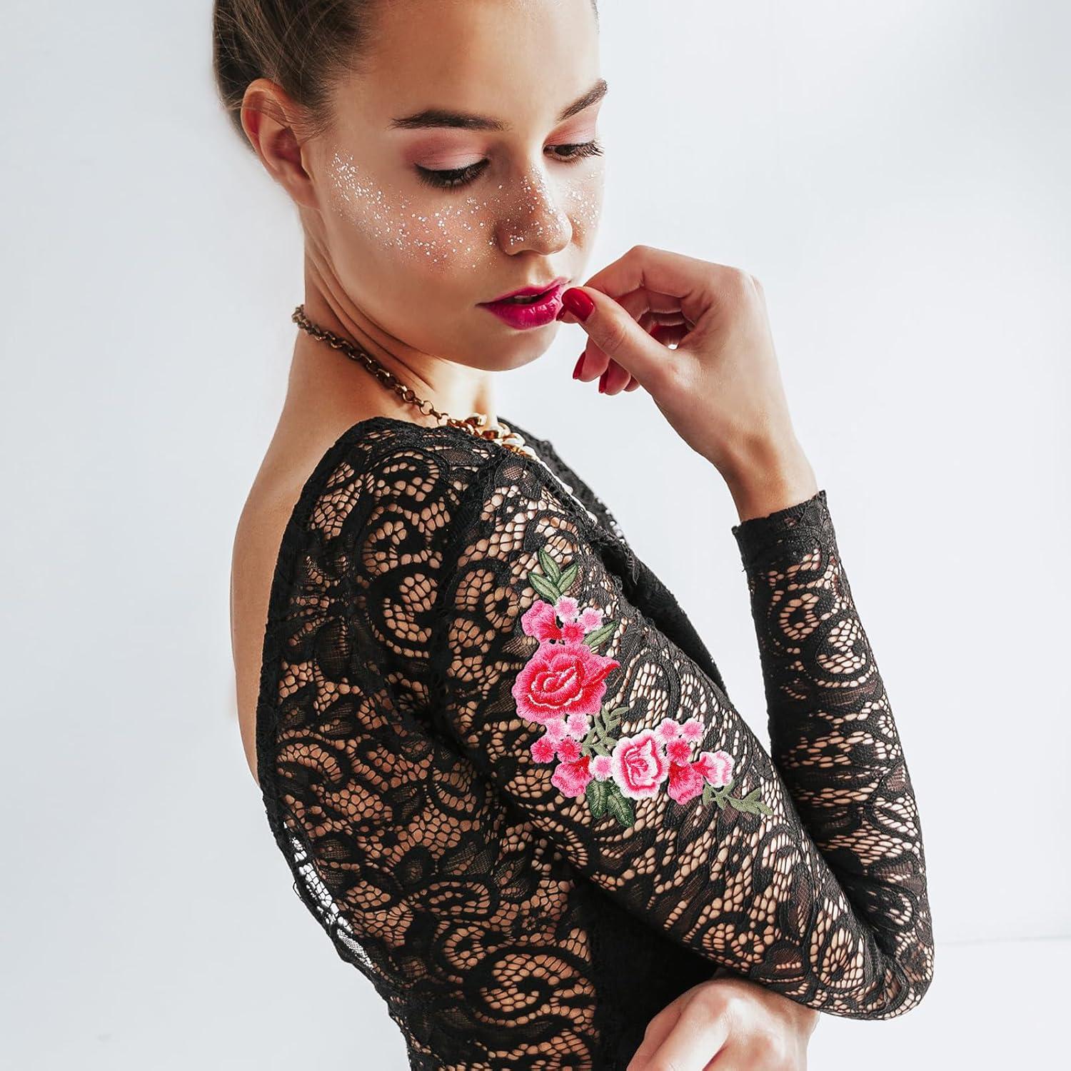 6 Piezas Parche Bordado Flor Peonía Rosa Eldraqth 26x12cm