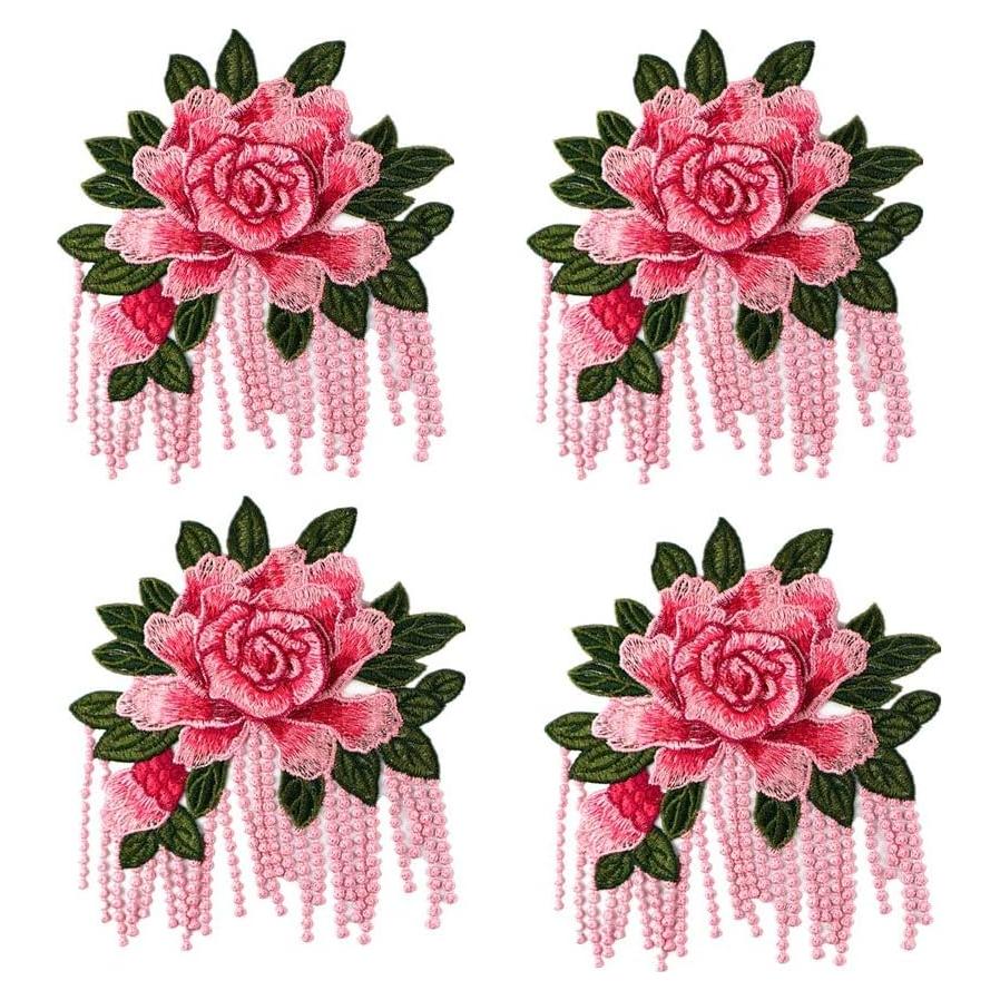 4 Parches de Tela Bordados Rosa Peonía Vintage 17x20cm