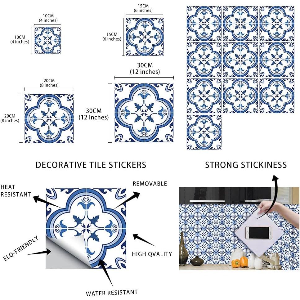 Juego de 12 Pegatinas de Azulejos Decorativos 15x15 cm Azul