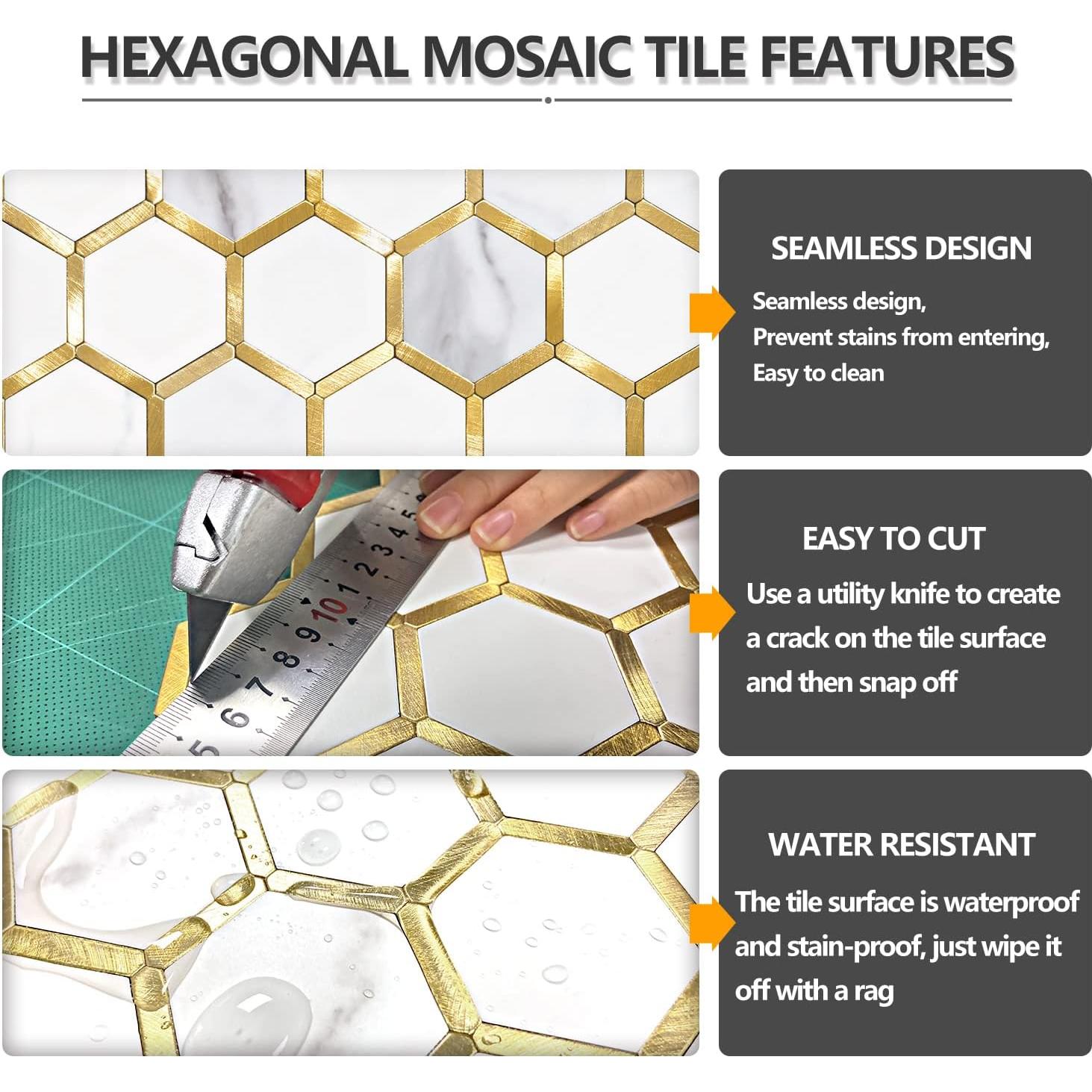 Azulejos Hexagonales Autoadhesivos STICKGOO 10 Hojas Mármol Blanco