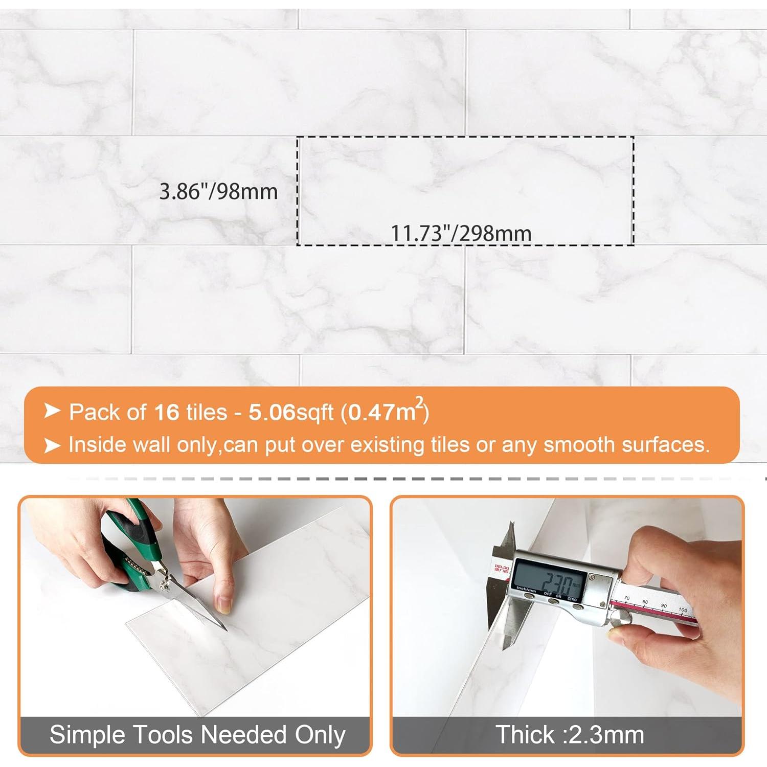 Azulejos Autoadhesivos VAOVI Carrara Blanco 16 Piezas 100x300mm