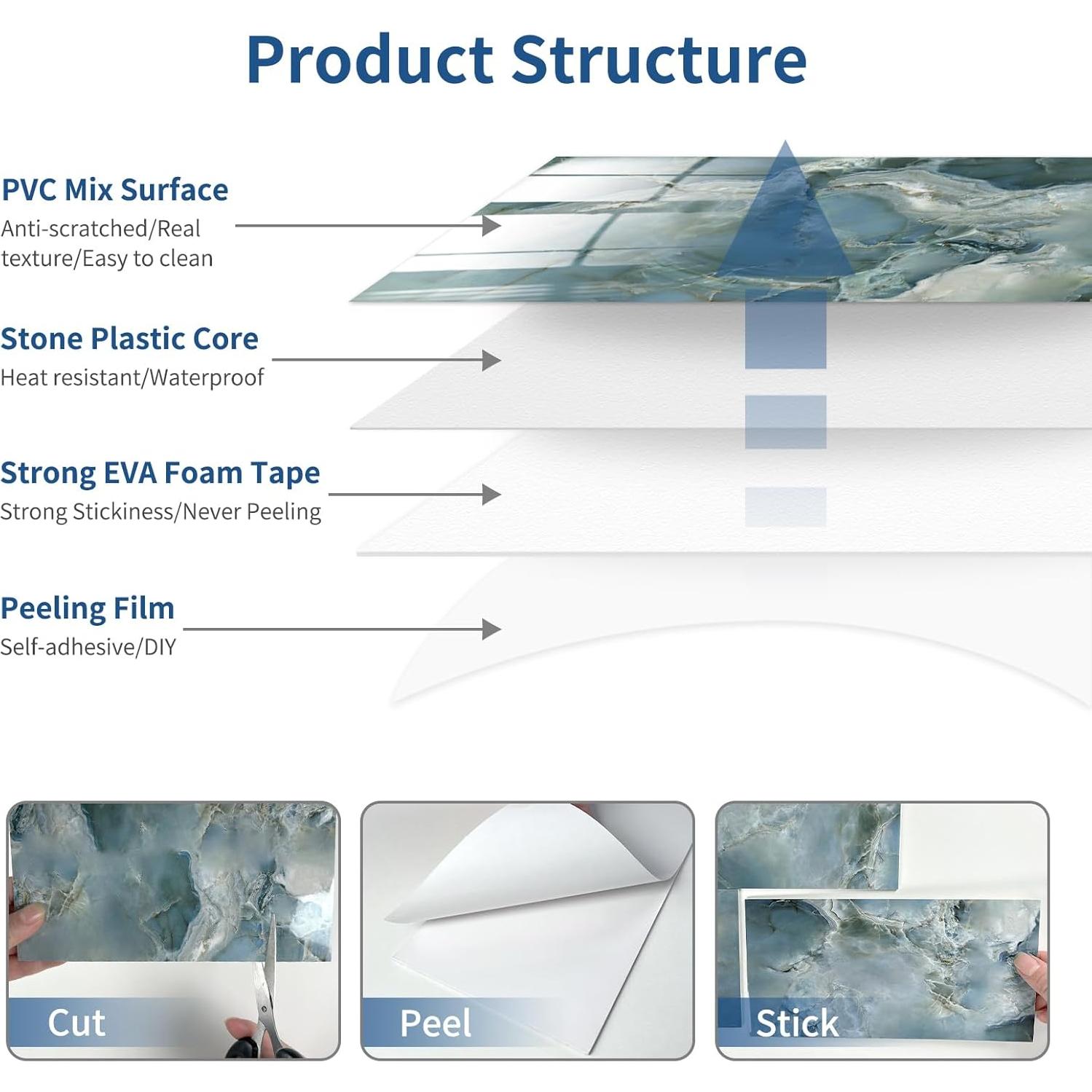 50 Piezas Azulejos de PVC Autoadhesivos MOONFUN Azul Gris 1.03 m²