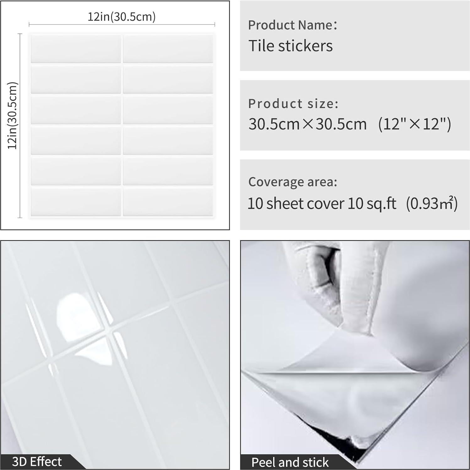 10 Hojas Azulejo Mosaico Autoadhesivo DEWOO Blanco 30.5x30.5cm