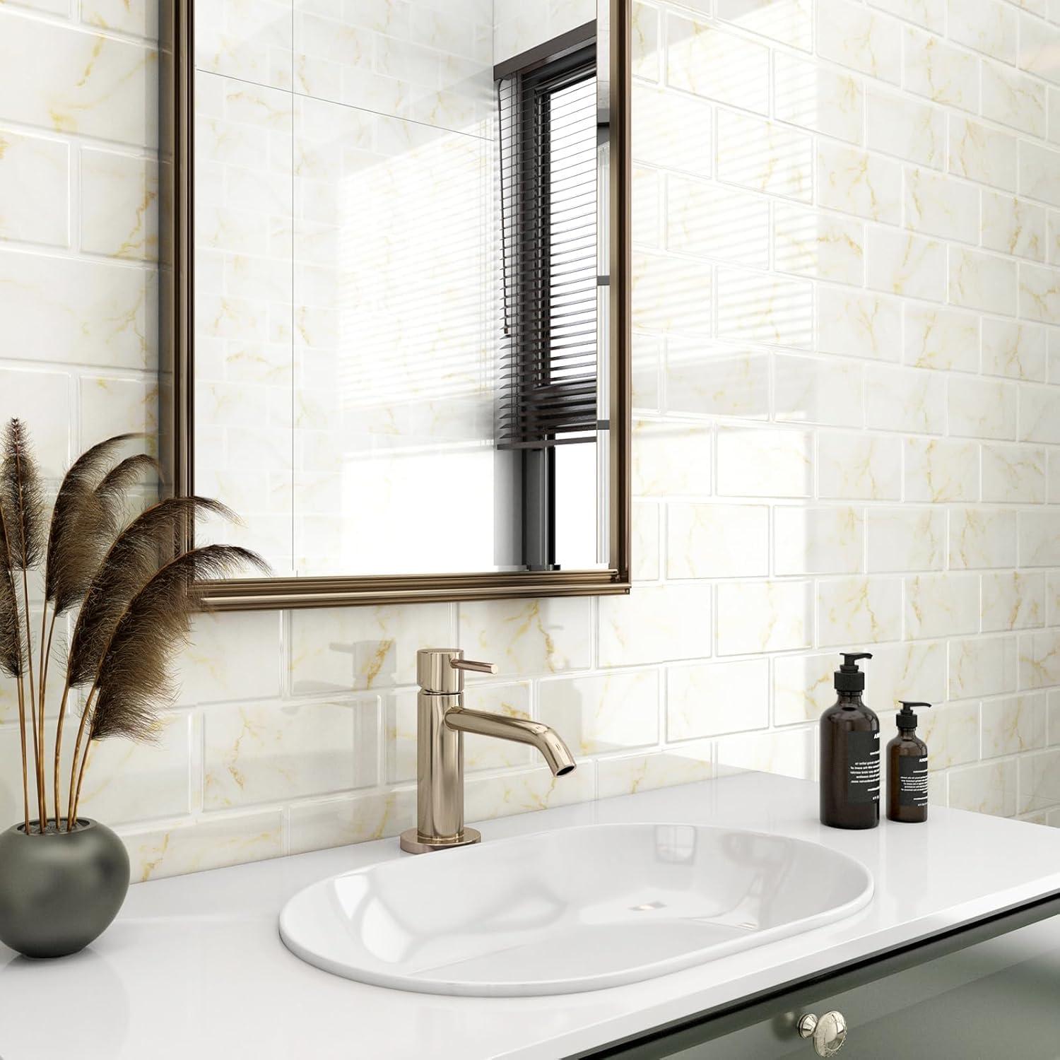 Azulejo autoadhesivo de mármol blanco y dorado FunStick 30.48x30.48cm